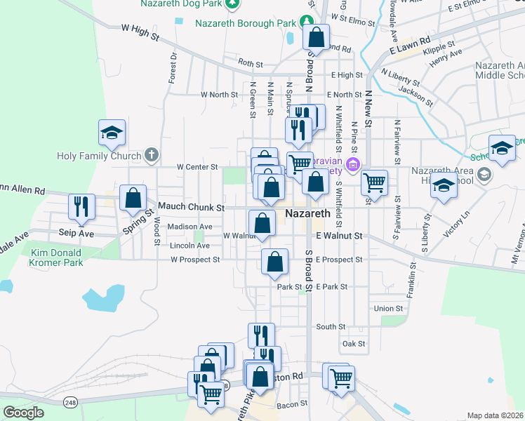 map of restaurants, bars, coffee shops, grocery stores, and more near 122 South Main Street in Nazareth