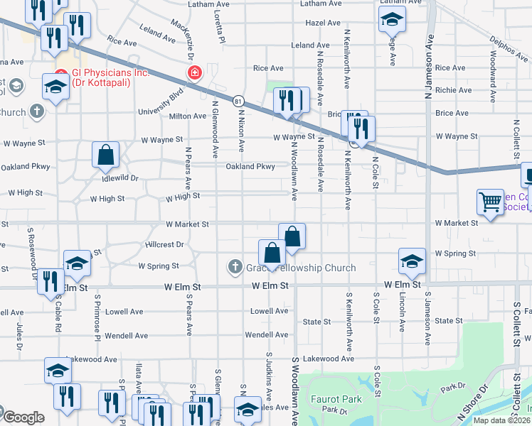 map of restaurants, bars, coffee shops, grocery stores, and more near 1459 W Market St in Lima