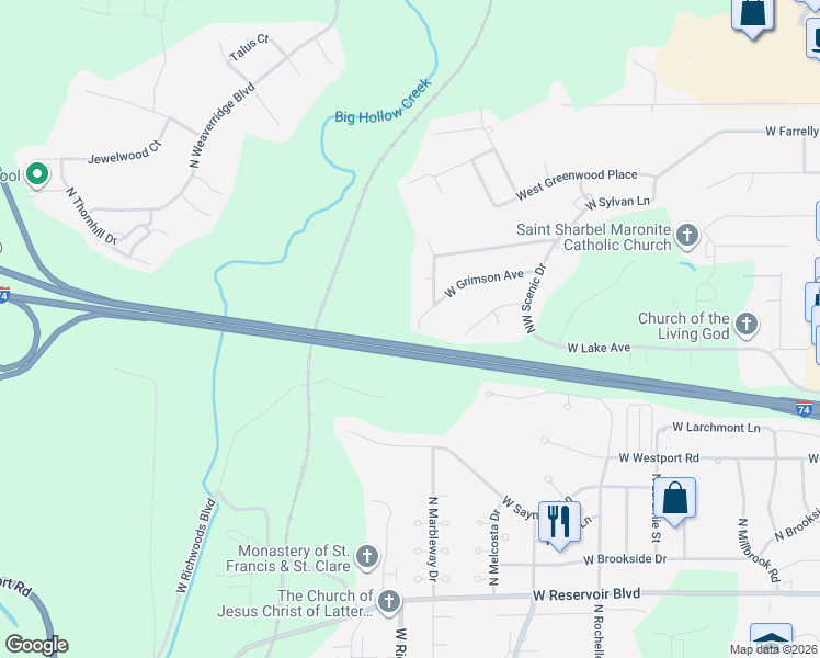 map of restaurants, bars, coffee shops, grocery stores, and more near Interstate 74 in Peoria