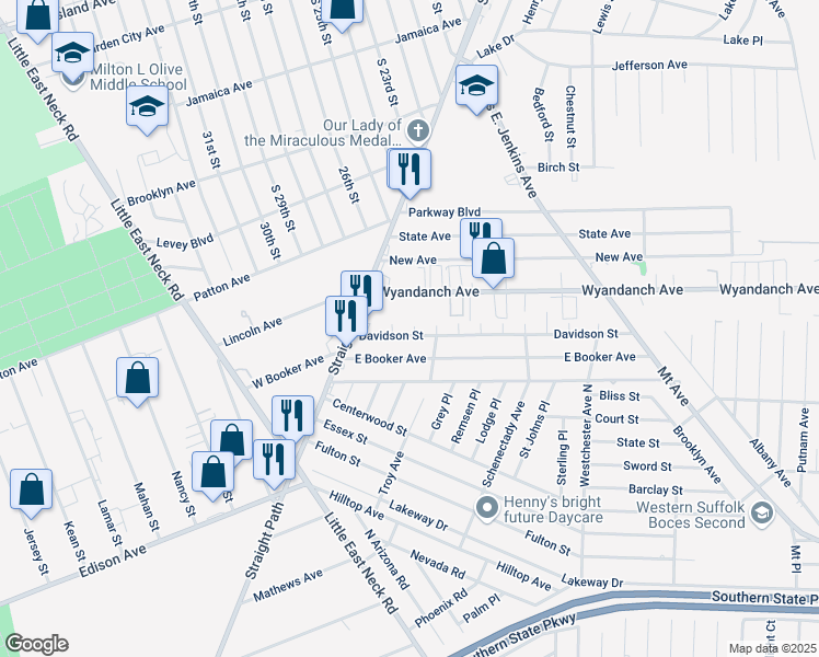 map of restaurants, bars, coffee shops, grocery stores, and more near 54 Davidson Street in Wyandanch