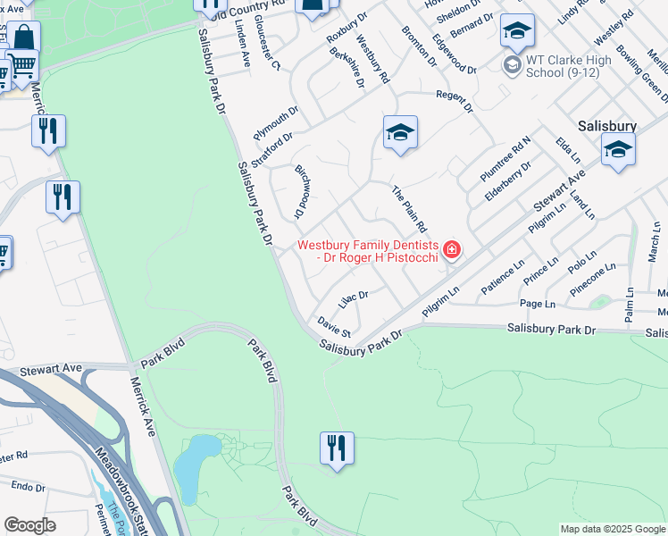 map of restaurants, bars, coffee shops, grocery stores, and more near 1931 Ladenburg Drive in Westbury