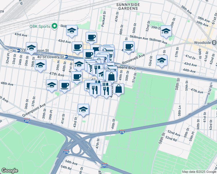 map of restaurants, bars, coffee shops, grocery stores, and more near 47-42 47th Street in Queens
