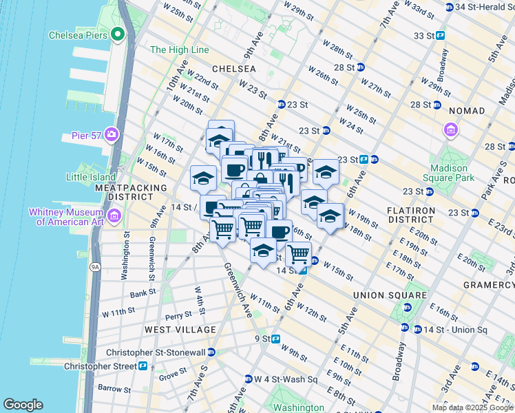 map of restaurants, bars, coffee shops, grocery stores, and more near 210 West 16th Street in New York