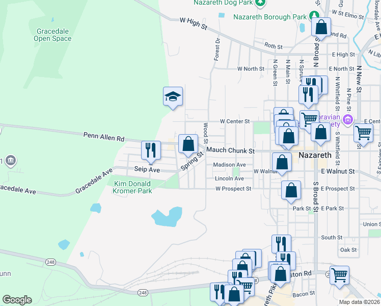 map of restaurants, bars, coffee shops, grocery stores, and more near 123 Spring Street in Nazareth