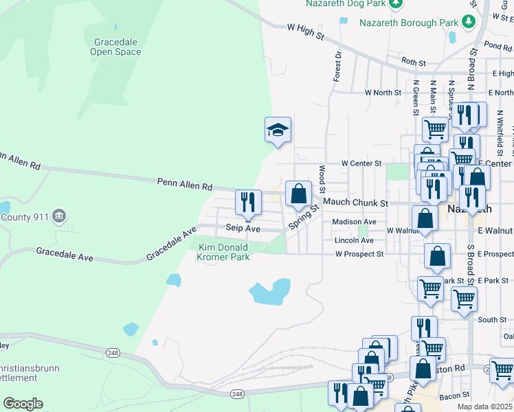 map of restaurants, bars, coffee shops, grocery stores, and more near 531 Heckman Avenue in Nazareth