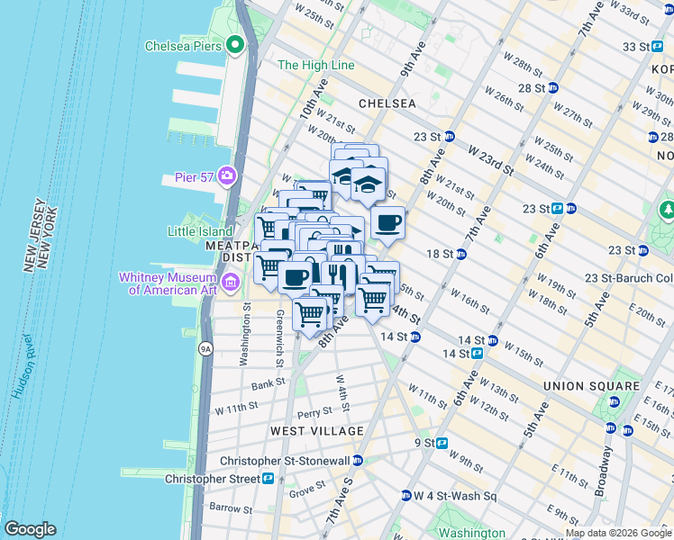 map of restaurants, bars, coffee shops, grocery stores, and more near 2 Gansevoort Street in New York
