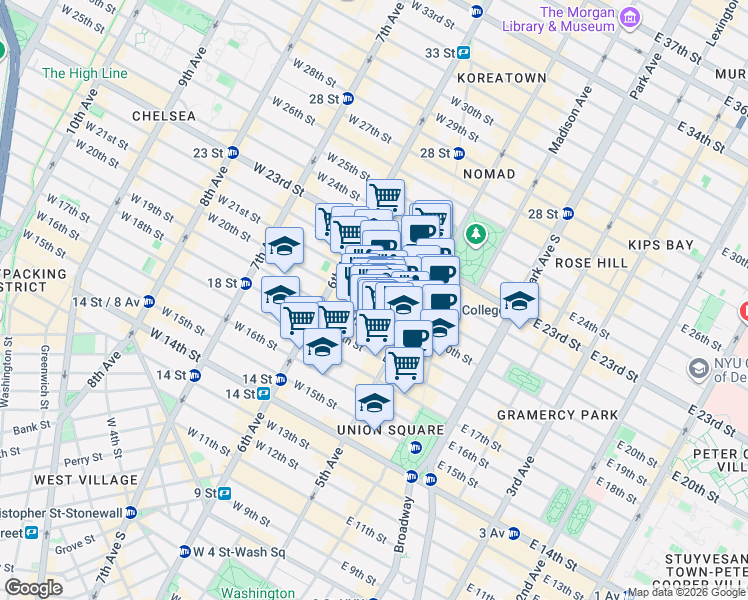 map of restaurants, bars, coffee shops, grocery stores, and more near 20 West 20th Street in New York