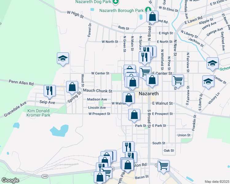 map of restaurants, bars, coffee shops, grocery stores, and more near 131 Mauch Chunk Street in Nazareth