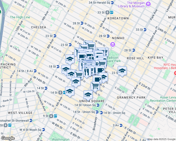 map of restaurants, bars, coffee shops, grocery stores, and more near 21 West 20th Street in New York