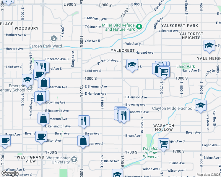 map of restaurants, bars, coffee shops, grocery stores, and more near 1444 East Sherman Avenue in Salt Lake City
