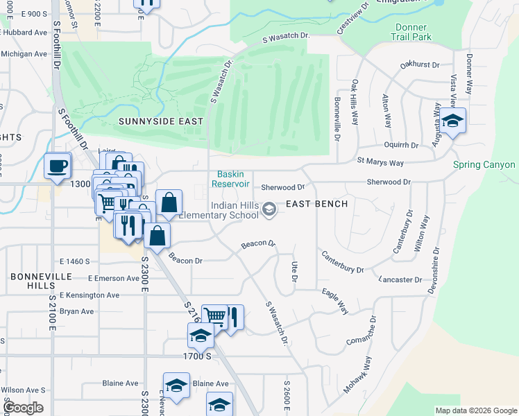 map of restaurants, bars, coffee shops, grocery stores, and more near 2496 Saint Marys Drive in Salt Lake City