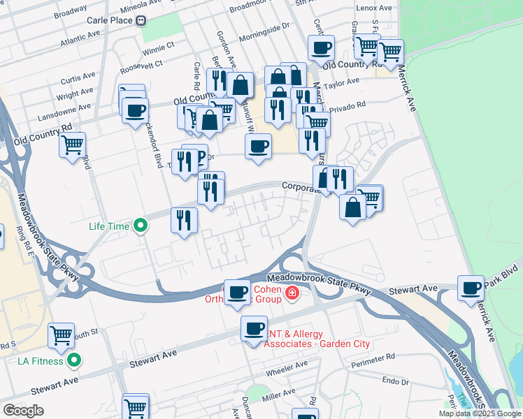 map of restaurants, bars, coffee shops, grocery stores, and more near 278 Roosevelt Way in Westbury