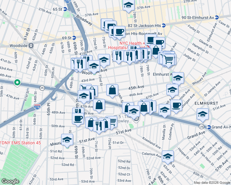 map of restaurants, bars, coffee shops, grocery stores, and more near 46-02 74th Street in Queens