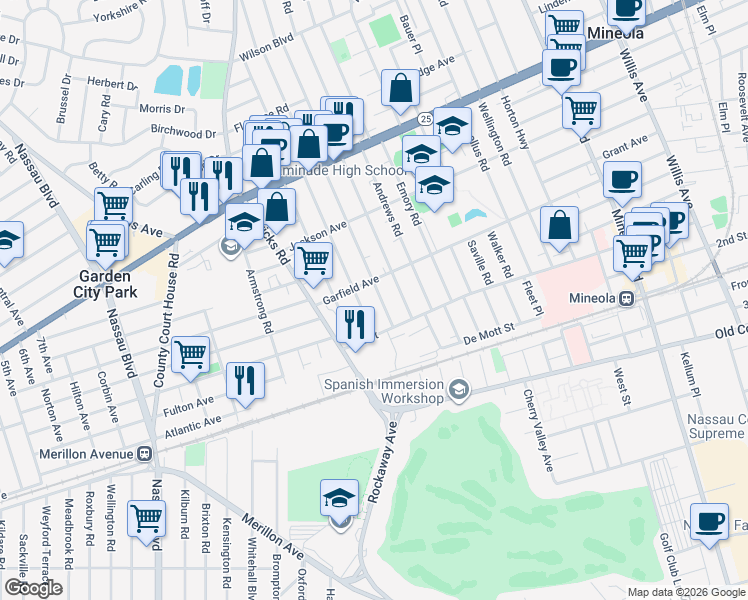 map of restaurants, bars, coffee shops, grocery stores, and more near 128 Beebe Road in Mineola