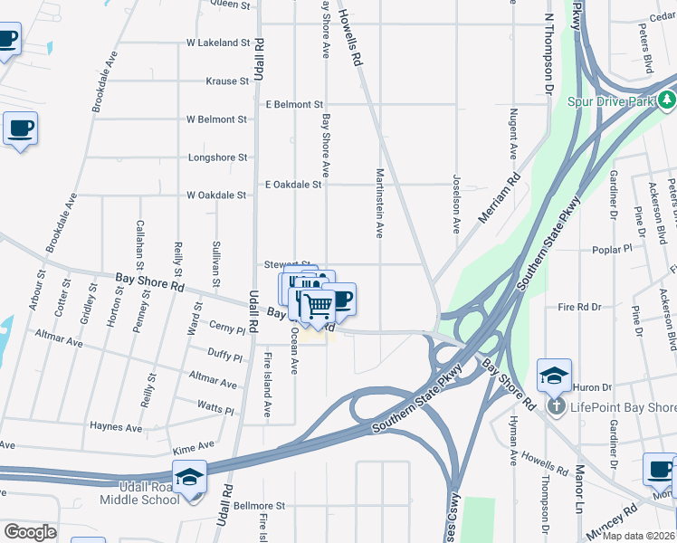 map of restaurants, bars, coffee shops, grocery stores, and more near 1059 Bay Shore Avenue in Bay Shore