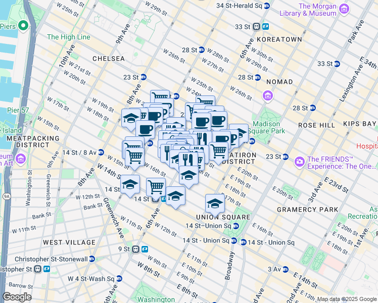 map of restaurants, bars, coffee shops, grocery stores, and more near 635 6th Avenue in New York