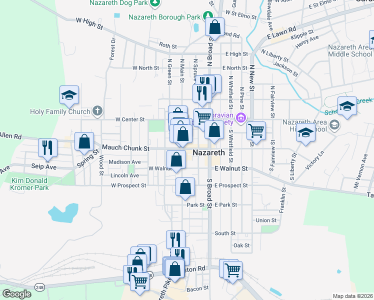 map of restaurants, bars, coffee shops, grocery stores, and more near 122 South Main Street in Nazareth