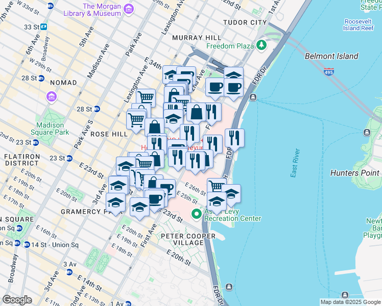 map of restaurants, bars, coffee shops, grocery stores, and more near 346 East 29th Street in New York