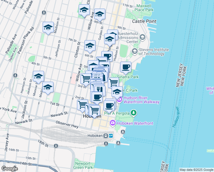 map of restaurants, bars, coffee shops, grocery stores, and more near 56 3rd Street in Hoboken