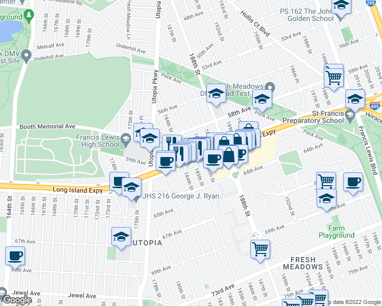 map of restaurants, bars, coffee shops, grocery stores, and more near 185-47 Booth Memorial Ave in Queens