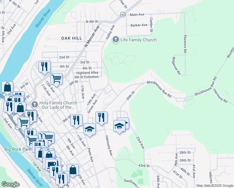 map of restaurants, bars, coffee shops, grocery stores, and more near 1010 Blockhouse Run Road in New Brighton