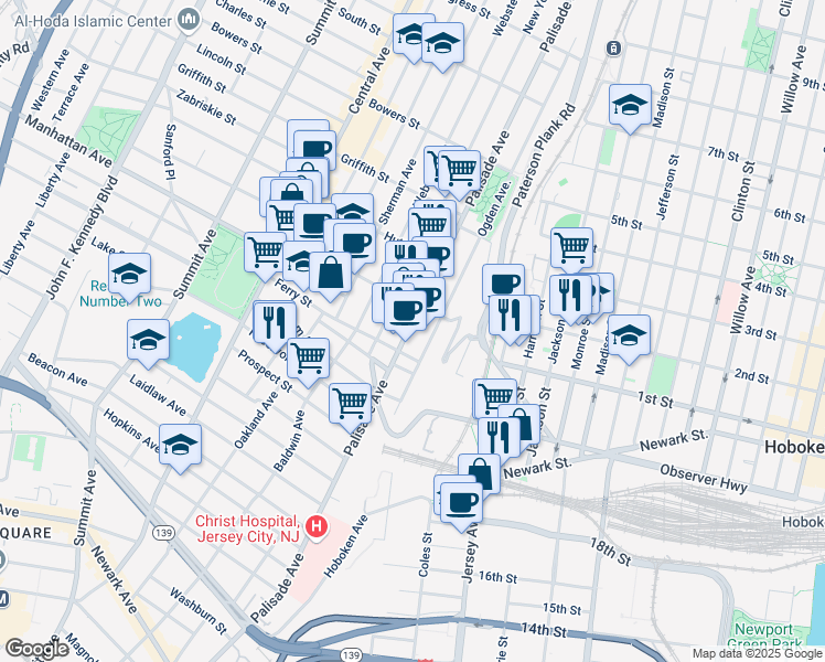map of restaurants, bars, coffee shops, grocery stores, and more near 161 Ogden Avenue in Jersey City