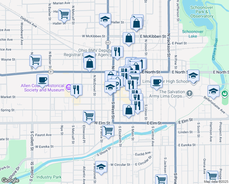 map of restaurants, bars, coffee shops, grocery stores, and more near 130 North West Street in Lima