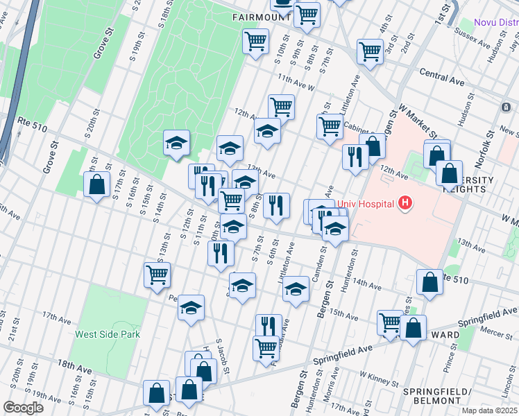 map of restaurants, bars, coffee shops, grocery stores, and more near 280 South 8th Street in Newark