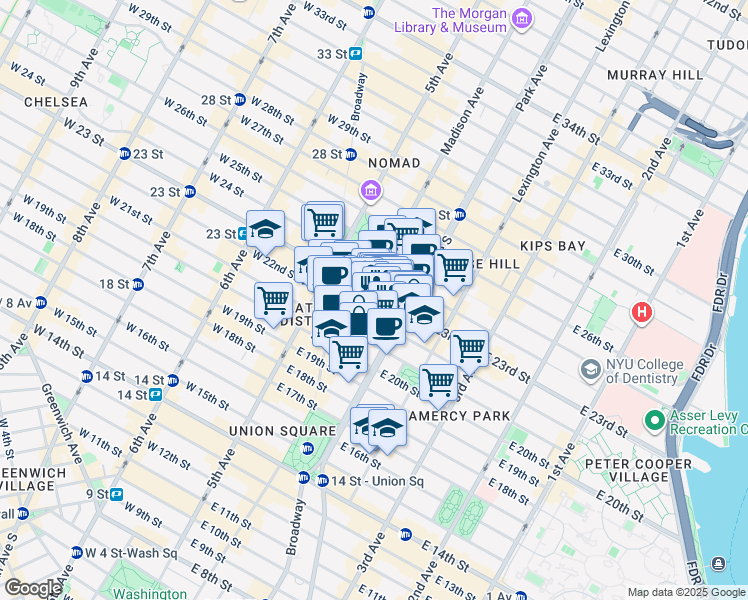 map of restaurants, bars, coffee shops, grocery stores, and more near 30 East 23rd Street in New York