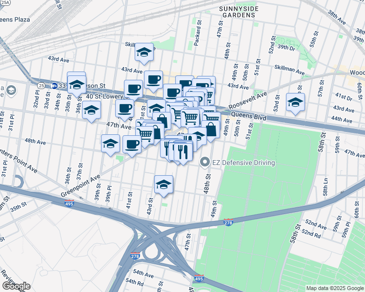map of restaurants, bars, coffee shops, grocery stores, and more near 47-37 45th Street in Queens