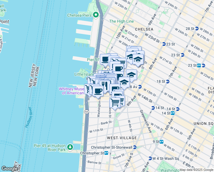 map of restaurants, bars, coffee shops, grocery stores, and more near 15 Little West 12th Street in New York