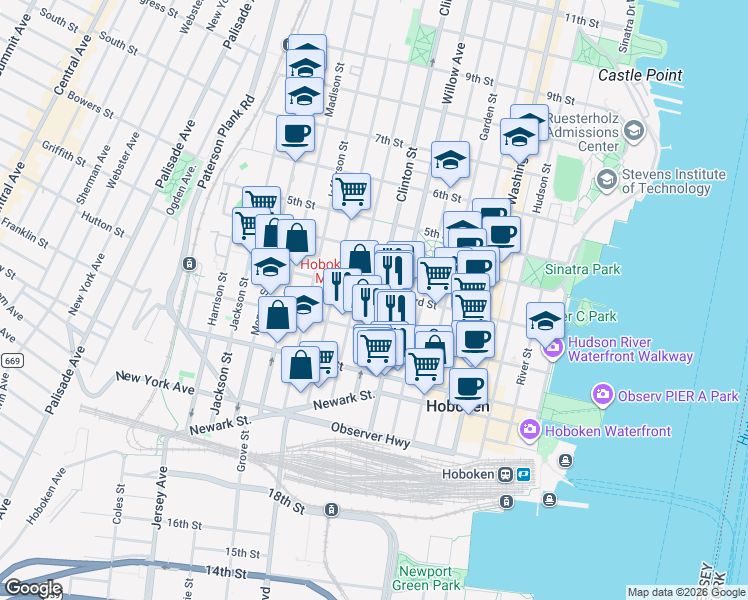 map of restaurants, bars, coffee shops, grocery stores, and more near 222 Clinton Street in Hoboken