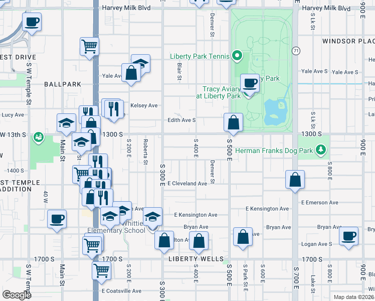 map of restaurants, bars, coffee shops, grocery stores, and more near 370 East Sherman Avenue in Salt Lake City