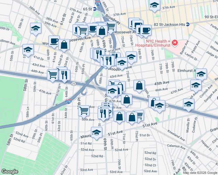 map of restaurants, bars, coffee shops, grocery stores, and more near 69-05 Queens Boulevard in Queens