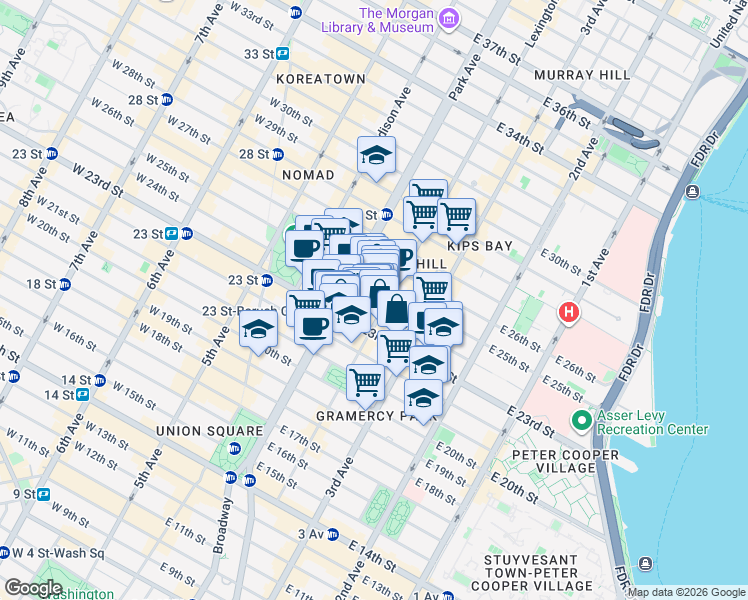 map of restaurants, bars, coffee shops, grocery stores, and more near 125 East 24th Street in New York