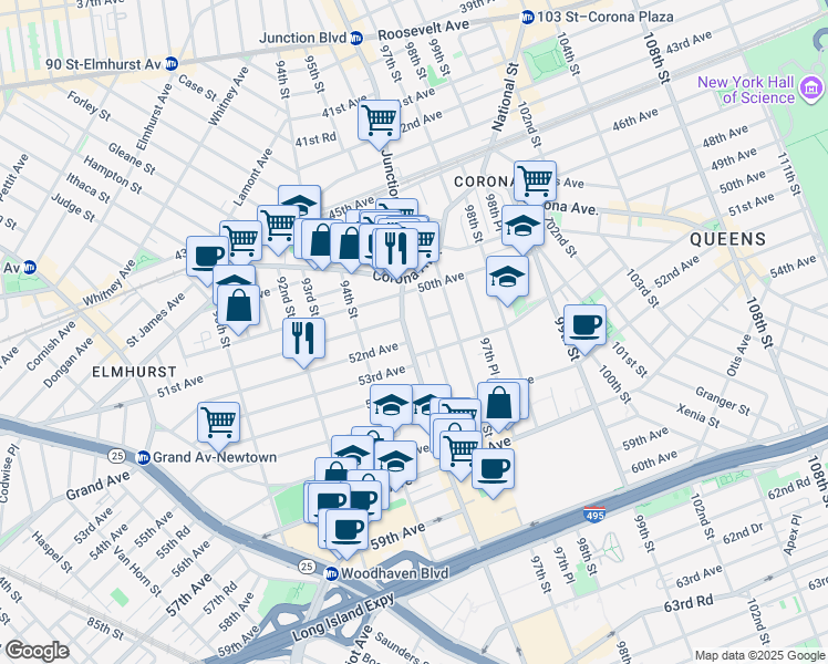 map of restaurants, bars, coffee shops, grocery stores, and more near 52-06 Junction Boulevard in Queens