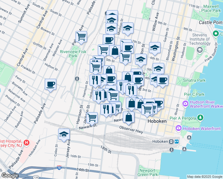 map of restaurants, bars, coffee shops, grocery stores, and more near 509 2nd Street in Hoboken