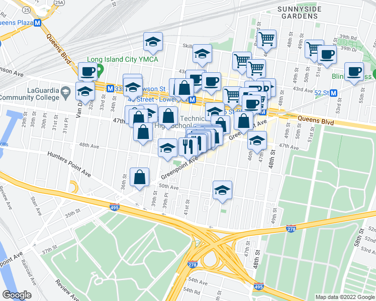 map of restaurants, bars, coffee shops, grocery stores, and more near 40-15 48th Avenue in Queens