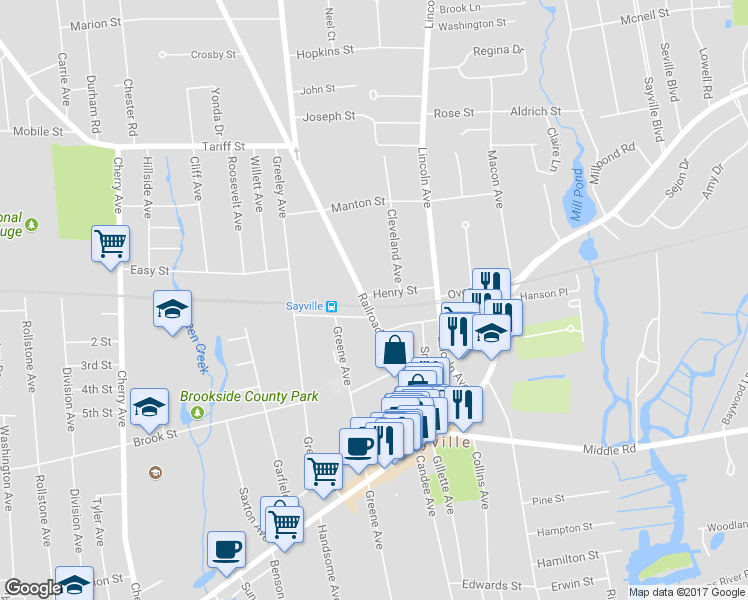 map of restaurants, bars, coffee shops, grocery stores, and more near 3 Lakeland Avenue in Sayville
