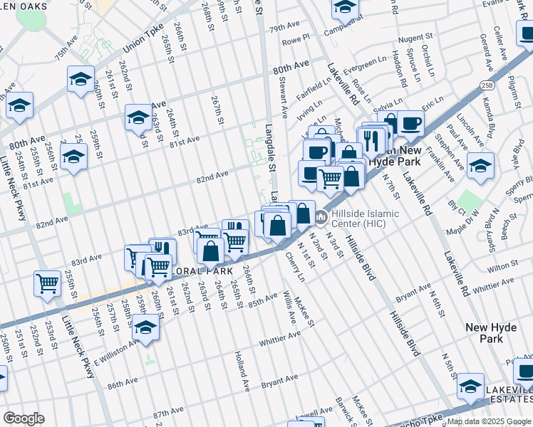 map of restaurants, bars, coffee shops, grocery stores, and more near 83-28 Langdale Street in Queens