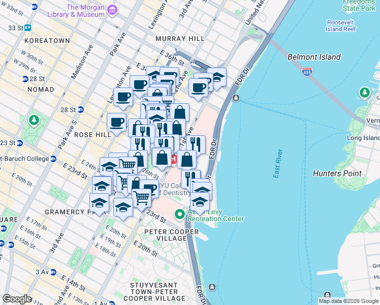 map of restaurants, bars, coffee shops, grocery stores, and more near 400 East 30th Street in New York