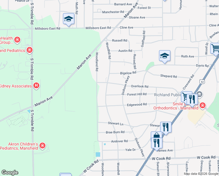 map of restaurants, bars, coffee shops, grocery stores, and more near 685 Woodhill Road in Mansfield