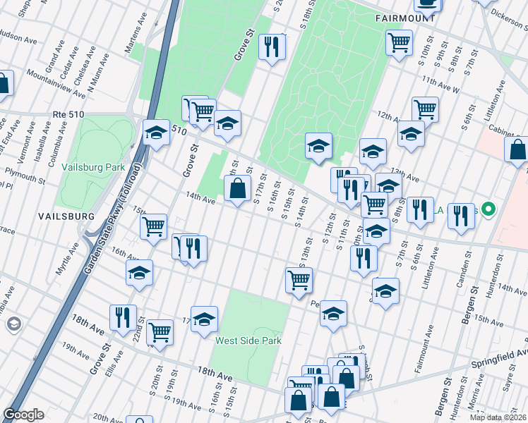 map of restaurants, bars, coffee shops, grocery stores, and more near 458 South 16th Street in Newark