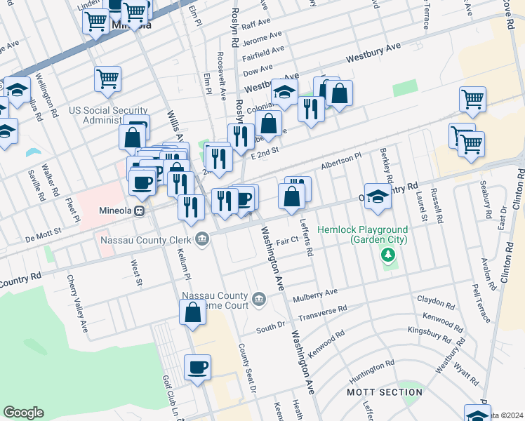 map of restaurants, bars, coffee shops, grocery stores, and more near Old Country Road in Mineola