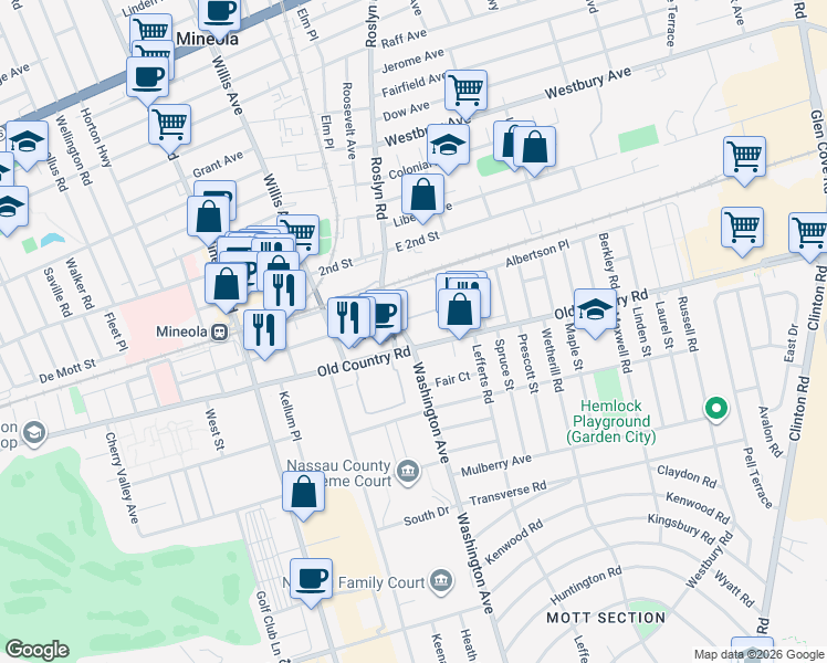map of restaurants, bars, coffee shops, grocery stores, and more near 1 Birchwood Court in Mineola