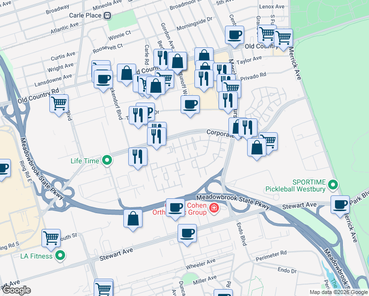 map of restaurants, bars, coffee shops, grocery stores, and more near 1101 Roosevelt Way in Uniondale