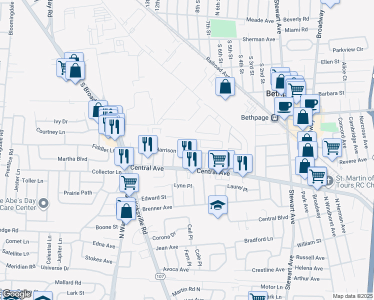 map of restaurants, bars, coffee shops, grocery stores, and more near 11 South Butehorn Street in Bethpage