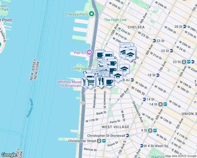 map of restaurants, bars, coffee shops, grocery stores, and more near 837 Washington Street in New York