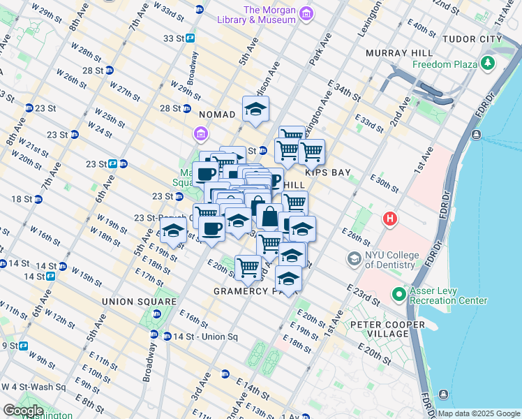 map of restaurants, bars, coffee shops, grocery stores, and more near 50 Lexington Avenue in New York