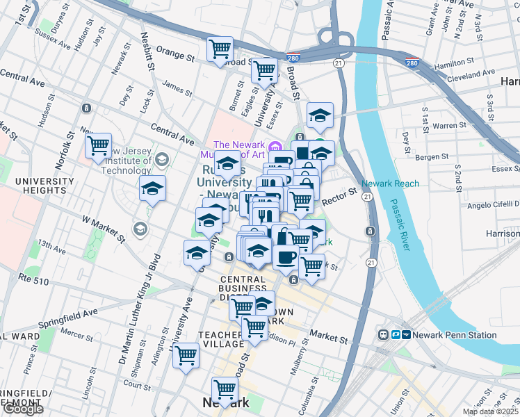 map of restaurants, bars, coffee shops, grocery stores, and more near 71 Halsey Street in Newark